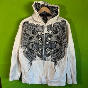 MMA Elite Mens XL White Full Zip Hoodie Skull Cross Graphic Y2K Grunge Skater